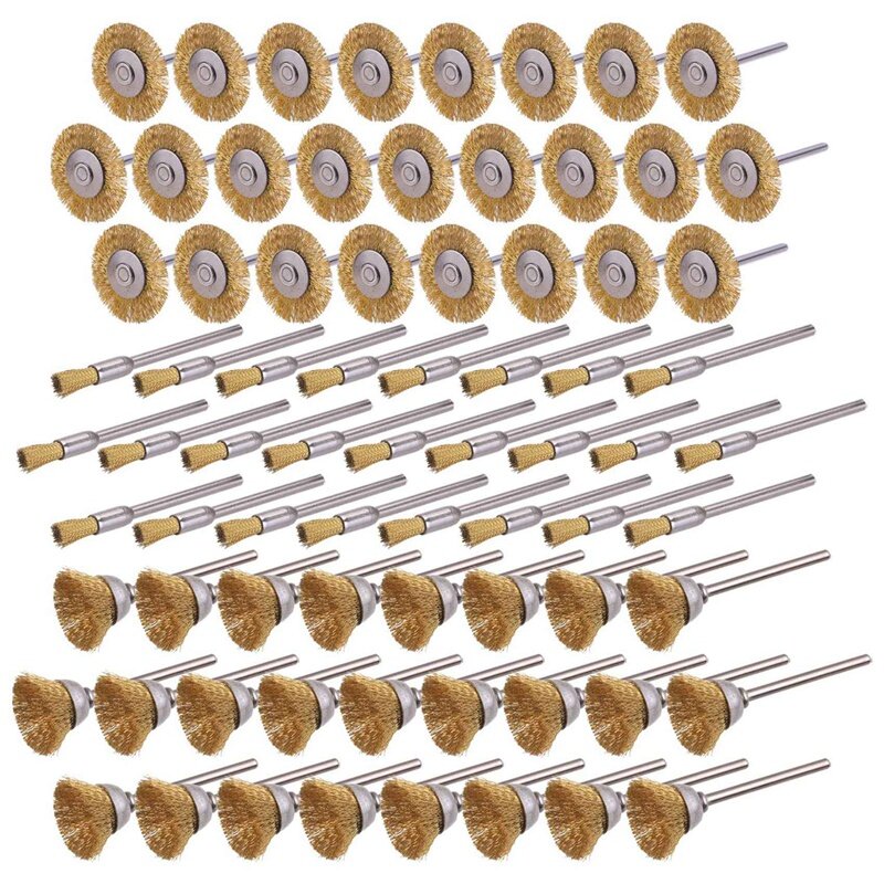 Set di spazzole metalliche in ottone da 75 pezzi, Set di pennelli per penne con ruote in filo d'acciaio accessori per utensili rotanti-gambo da 1/8 pollici (3Mm)