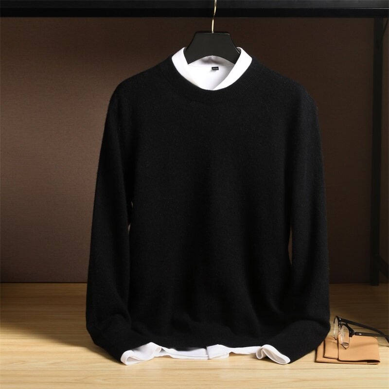Suéter de lana pura para hombre, Jersey suelto de cuello redondo de Color sólido, con camisa de manga larga Base, otoño e invierno, nuevo