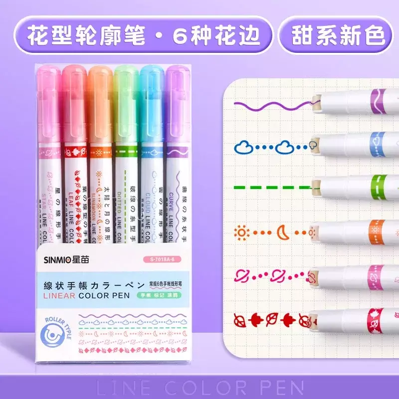 3/6/8pcs Line Shaped Highlighter Roller Tip Curve Liner Marker Pens Kawaii Graffiti Pen Korean Stationery School Office Supplies