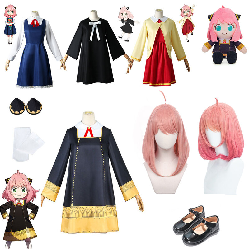 Disfraz de Cosplay de Anime Spyxfamily, peluca Rosa Anya Forger, muñecas de peluche, vestido de espía para niñas, niños, adultos, ropa de regalo