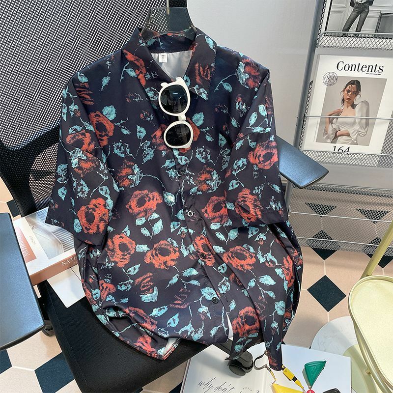 Blusa holgada de manga corta con estampado Floral para mujer, camisa informal con cuello tipo Polo, ropa Vintage a la moda, novedad de verano