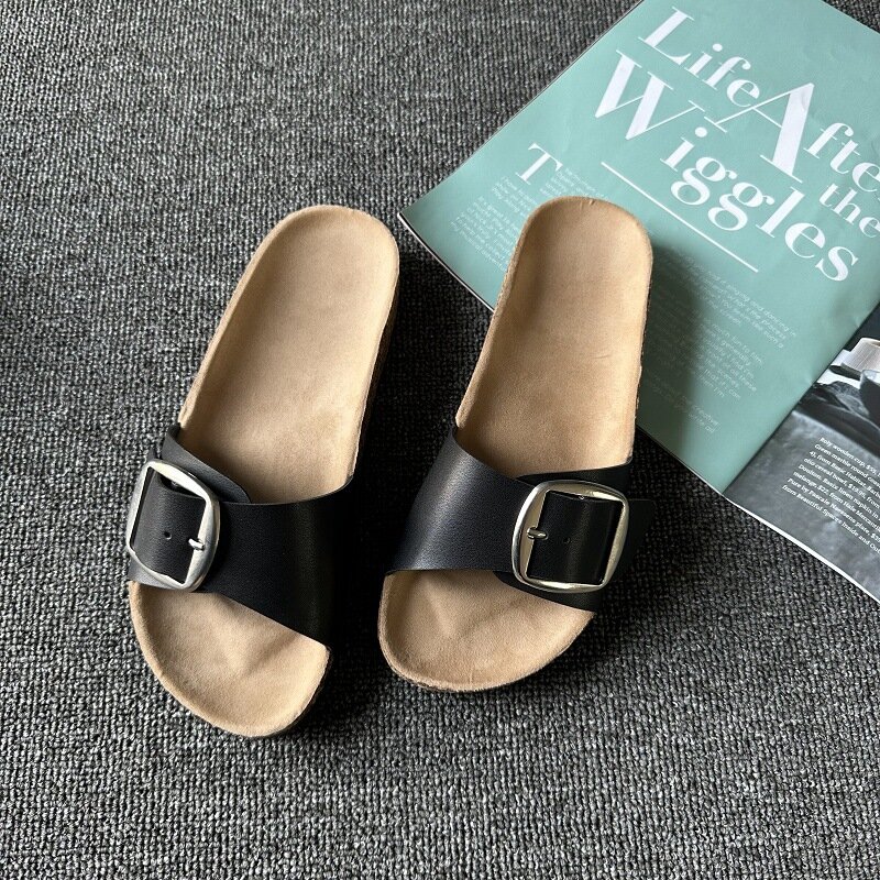 Comemore Flat Slippers Casual Shoes Fashion Leather Buckle Beach Slides Flip Flop White Yellow Round Toe Summer Women Sandals43