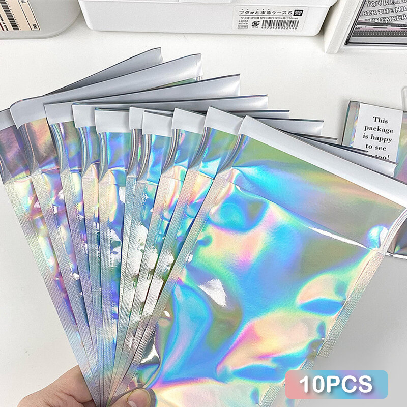 10 buah tas surat tahan bau dapat ditutup kembali tas surat Foil datar pelangi holografis untuk paket penyimpanan kurir