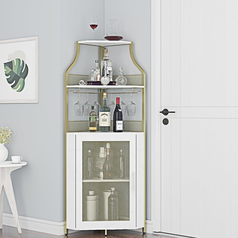 Gabinete esquinero para vino con estante extraíble, gabinete para vino y barra de copas de vino con estante para vidrio y puerta de malla