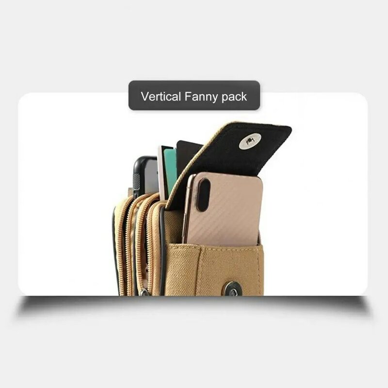Multi-Pocket Canvas Fanny Pack, Saco liso da cintura do zíper, Saco de armazenamento do telefone móvel