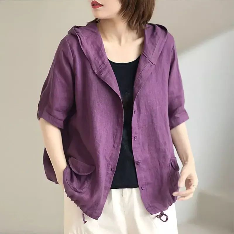 Linen Women's Jacket Spring Summer Jacket with Hat Cotton and Linen Short Coat Plus Size Loose Retro Korean Thin Hooded Cardigan