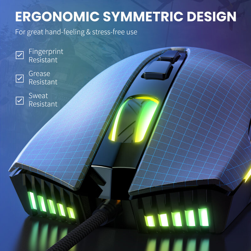 ONIKUMA – souris de jeu filaire, avec lumière RGB réglable, 6400 DPI, 7 boutons programmables, Design ergonomique, pour ordinateur PC