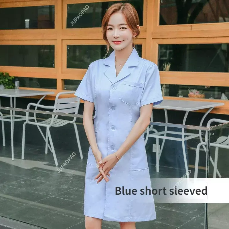 Women's Fashion Lab Coat Short Sleeve Doctor Nurse Dress Long Sleeve Medical Uniforms White Jacket Adjustable Waist Belt