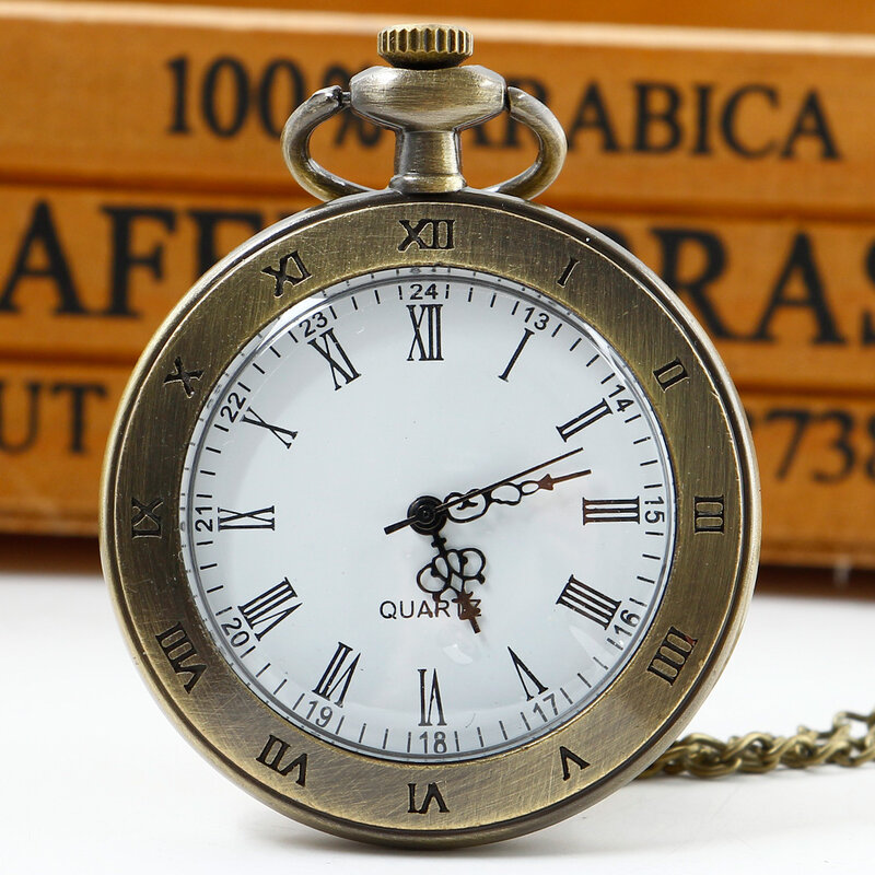 Relógio de bolso de quartzo estilo Steampunk, marrom/prata, sem design, charme vintage, colar, corrente, minimalista
