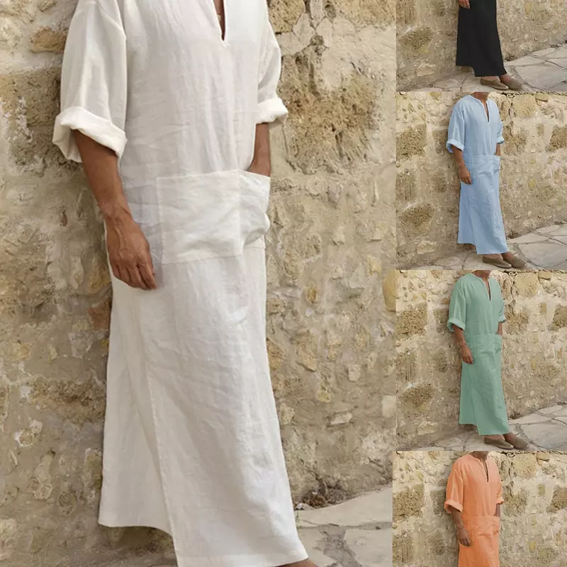 Vestido largo de lino y algodón para hombre, ropa islámica de Oriente Medio, talla grande 5XL