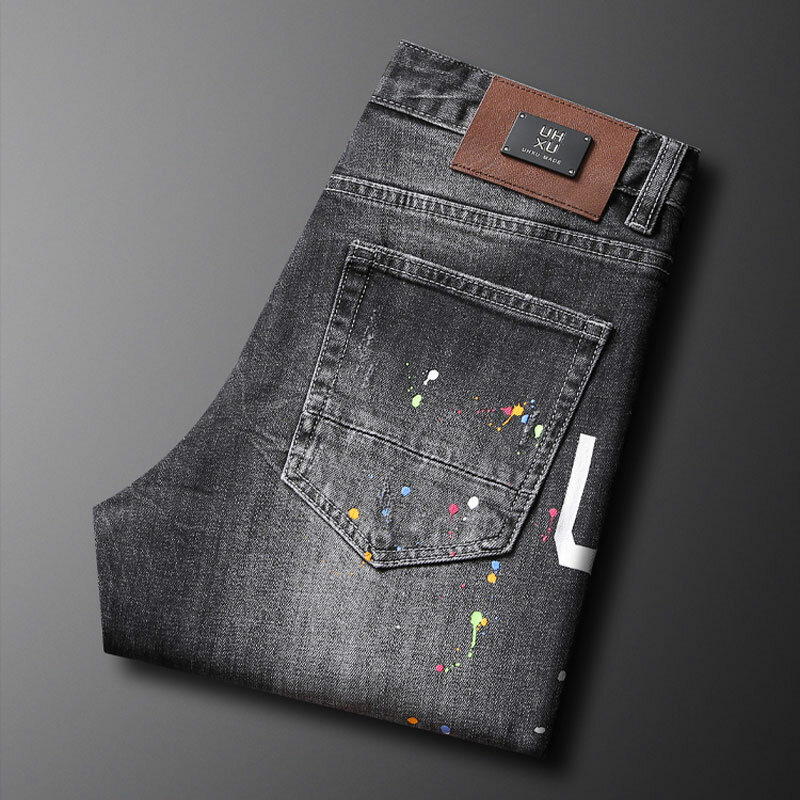 Calça jeans rasgada com elástico slim fit masculina, calça designer estampada, calça remendada de hip hop, moda retrô, rua alta, preta, cinza