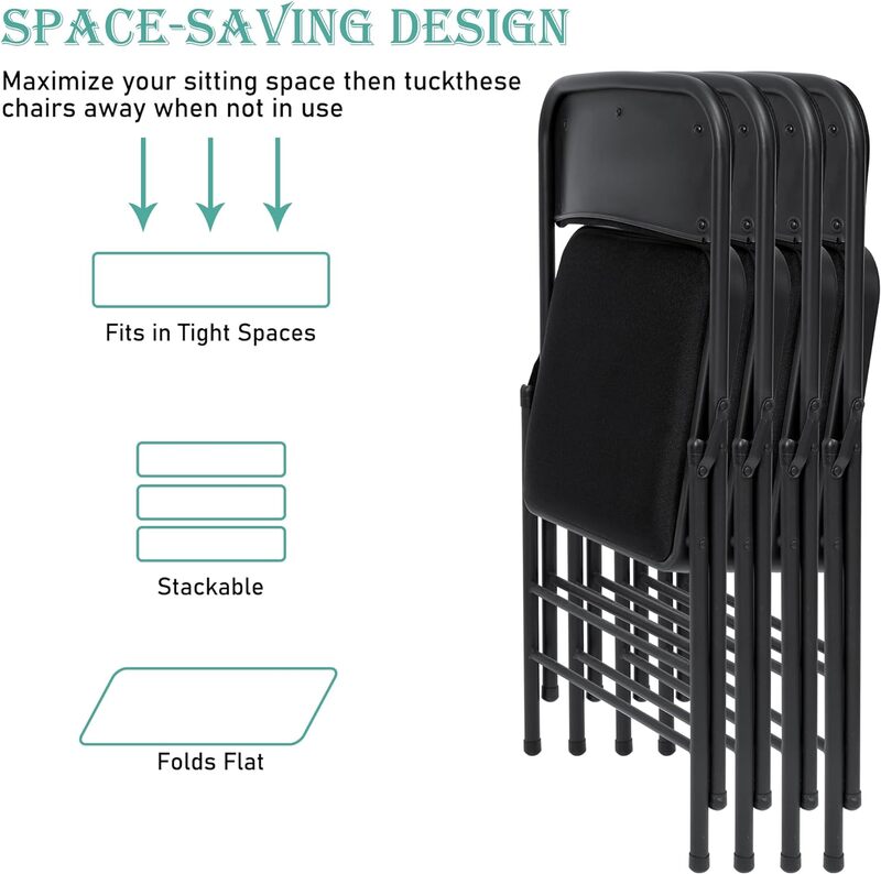 Czarne składane krzesła z wyściełaną tkaniną poduszką, zestaw krzeseł do jadalni z tkaniny Przenośne składane krzesło do użytku wewnątrz i na zewnątrz