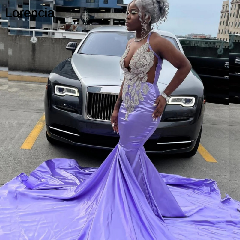 Lorencia Sexy Lavender Mermaid Prom Dress for Black Girls 2024 Silver Beaded Rhinestones Party Gala Gown Robe De Soiree YPD115