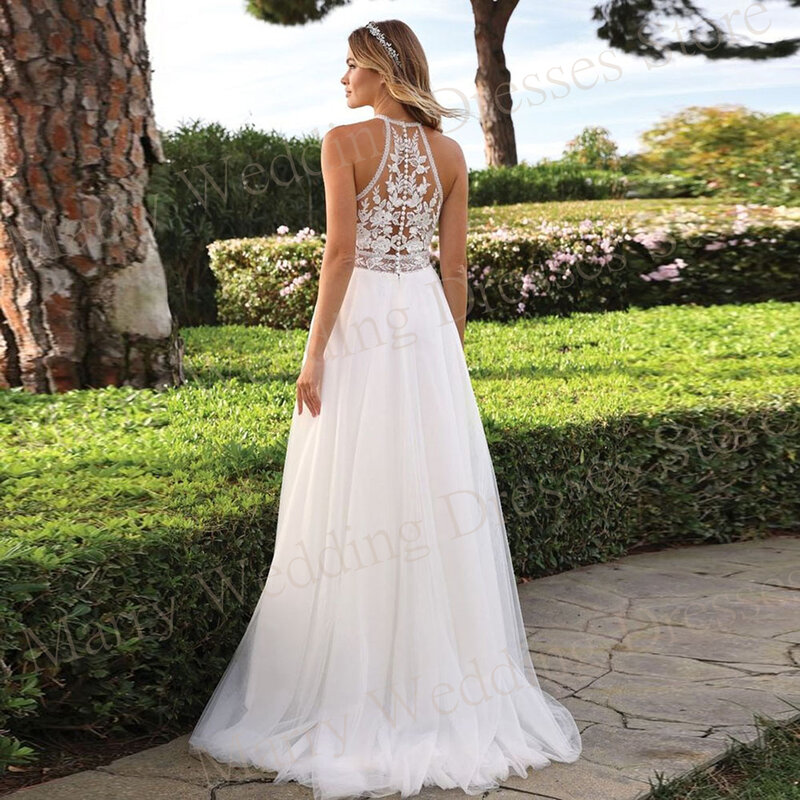 Graceful Charming Wedding Dresses Halter Neck Lace Appliques Bride Gowns Sexy Sleeveless Button Back Illusion Tulle Floor-Length
