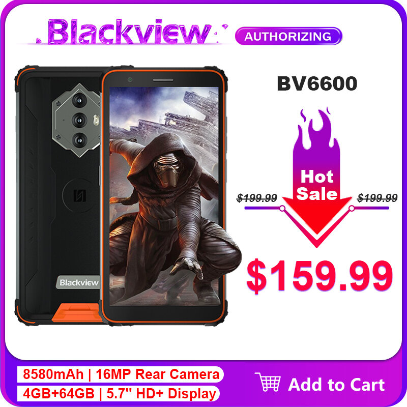 Blackview BV6600 IP68 Waterdichte Robuuste Mobiele Telefoon 8580Mah 4Gb + 64Gb 5.7 "Android 10 Octa Core 16MP Camera Nfc Smartphone