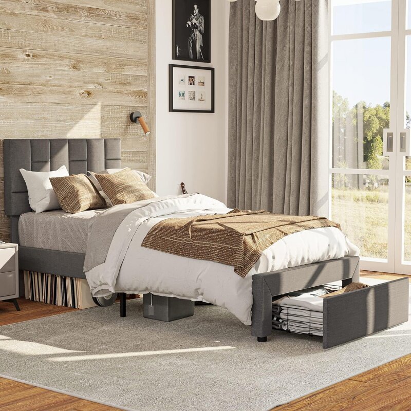 LIKIMIO-Marco de cama doble con cajón para debajo de la cama XL, plataforma tapizada con cabecero, sin resorte de caja necesario/sin ruido, gris