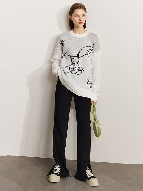 AMII-suéter holgado minimalista con cuello redondo, jersey de manga larga con bordado de animales, Tops de punto, otoño e invierno, 12241308