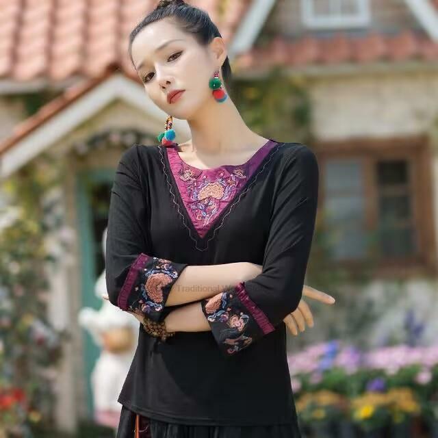 Kemeja dasar Cina gaya nasional Retro wanita bordir bunga tradisional atasan Cheongsam antik seni teh Oriental atasan Hanfu