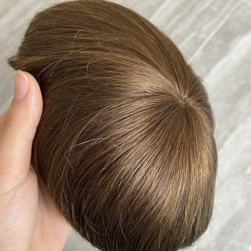#4 rambut manusia coklat rambut palsu pria renda Mono dengan wig pria NPU rambut lurus Sistem prostesis pengganti potongan tahan lama