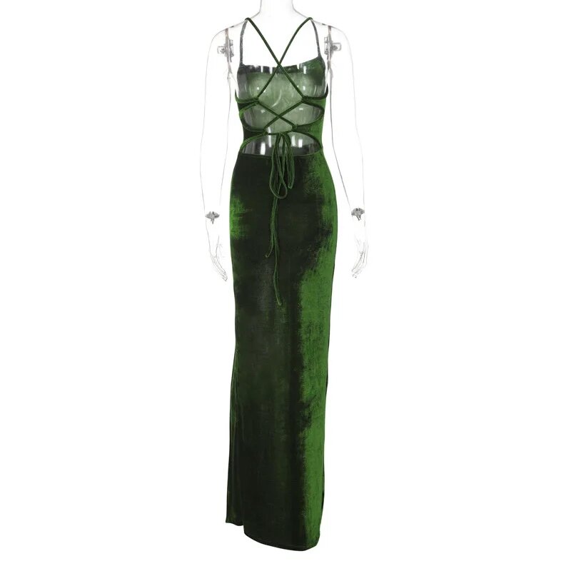 Damska elegancka imprezowa rozcięcia po bokach bez pleców seksowna sukienka na bal strój sznurowany zielony aksamitny pasek sukienka Maxi dla