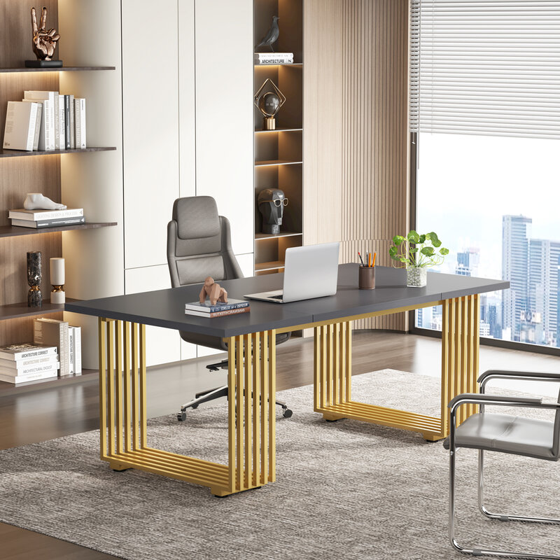 Tribesigns 70,9 дюйма современный представительский стол, деревянный офисный стол, серый простой компьютерный стол с золотистыми металлическими ножками