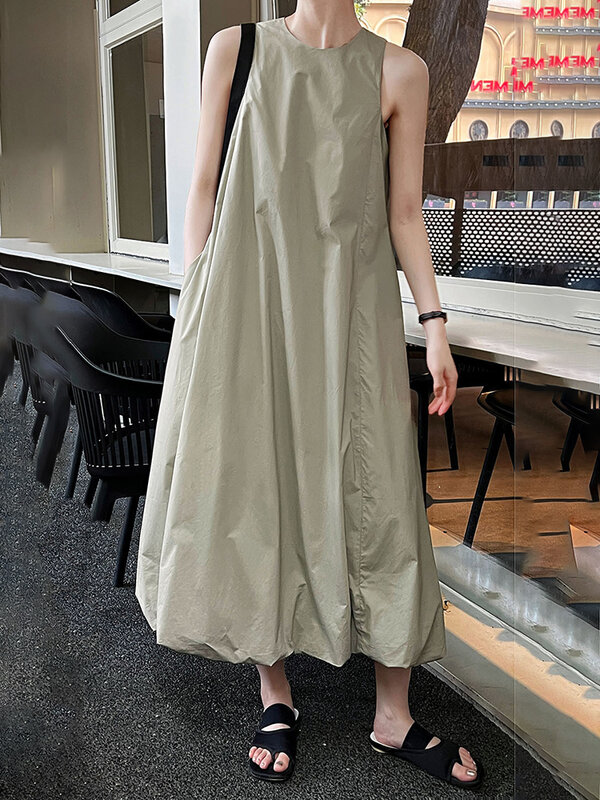 Женское длинное платье с круглым вырезом EAM, элегантное платье цвета хаки без рукавов, большие размеры, весна-лето 2024