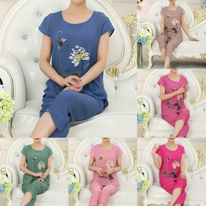 Conjunto Homewear simples com o pescoço para mulheres, camiseta e calça, estampa floral, pijamas animais, 1 conjunto