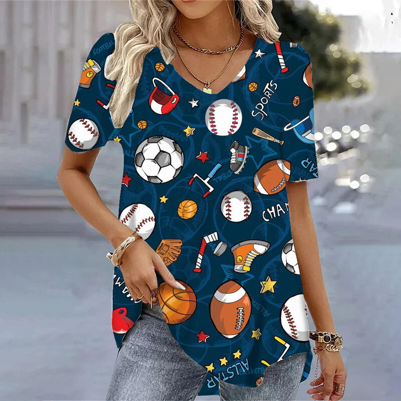 Футболка женская с V-образным вырезом, повседневный топ с мультяшным принтом, модный уличный пуловер оверсайз с коротким рукавом, одежда на лето