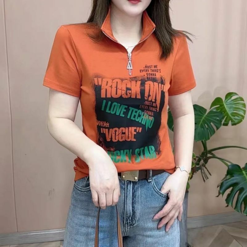 Zomer Nieuwe Damespullovers Mode Casual Slanke Koreaanse Opstaande Kraag Bedrukte Met Rits Gesplitste Korte Mouwen All-Match T-Shirt Tops