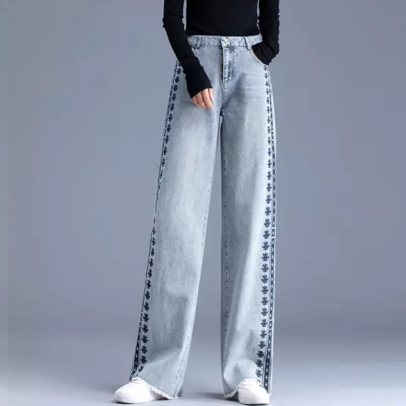 Женские джинсовые брюки с широкими штанинами и вышивкой, Новинка лета 2023, свободные и тонкие прямые повседневные универсальные брюки с высокой талией