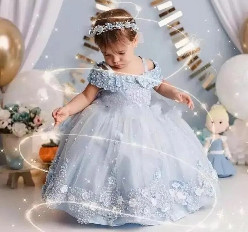 Abiti da bambina con spalle scoperte perle farfalle di pizzo abito da ragazza di fiore abito da festa per neonato primo compleanno