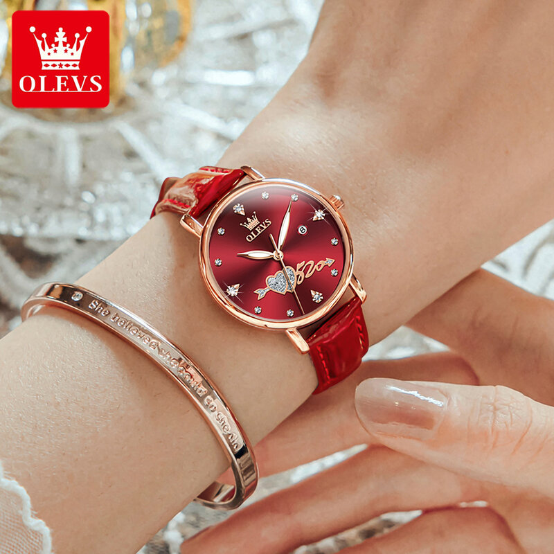OLEVS สายหนังนาฬิกาผู้หญิงควอตซ์หรูหรา5509ทันสมัยเพชรสุดหรูรักนาฬิกาผู้หญิงหน้าปัดปฏิทินกันน้ำ