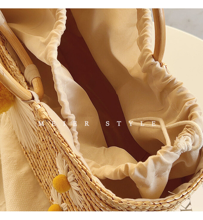 Little Daisy Straw Wooden Ring Handbag, Woven Holiday Beach Bag
