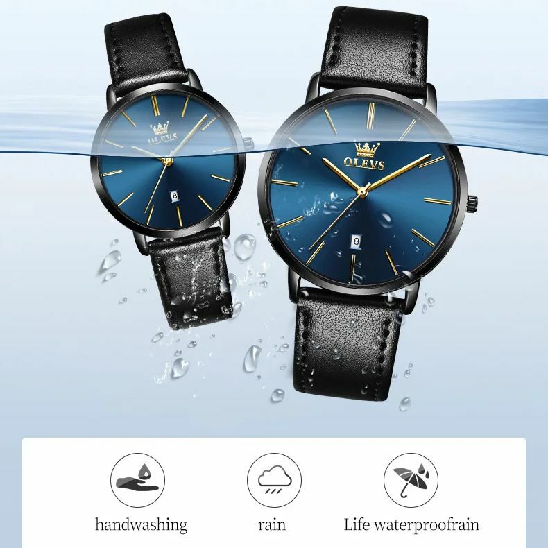 OLEVS jam tangan pasangan tanggal 5869, jam tangan kuarsa merek modis Ultra tipis 6.5mm tahan air tembus udara tali kulit