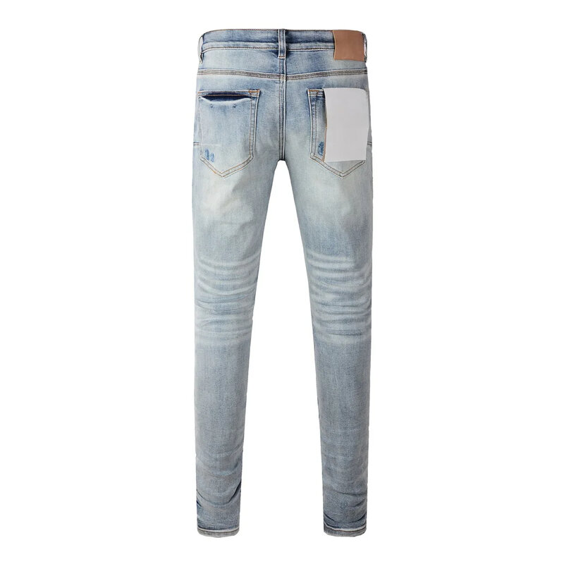 Jeans in denim di marca ROCA viola di alta qualità 1:1 High street blue hole patch riparazione di colore chiaro pantaloni in denim attillati rialzati bassi
