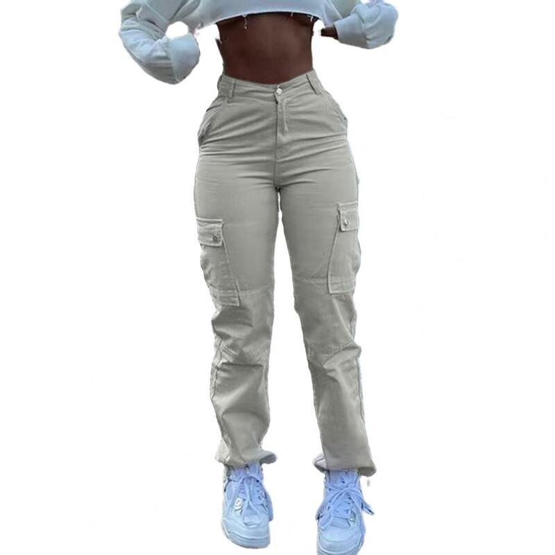 Zipper Button Placket Pants High Waist Women's Cargo Pants with Multiple Pockets Soft Butt-lifted Design Breathable for Ladies