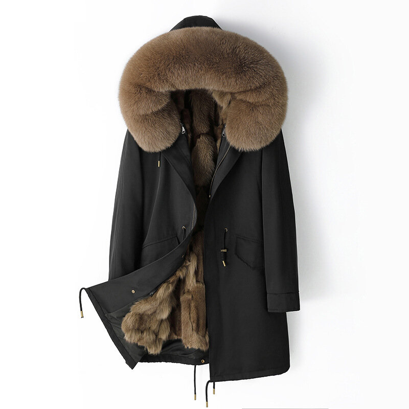 Winter New Genuine Fur Grass Women Parka Coat Fur Inner Liner Windproof Hood Thick Fur Collar Lace Up Thick Warm Coat