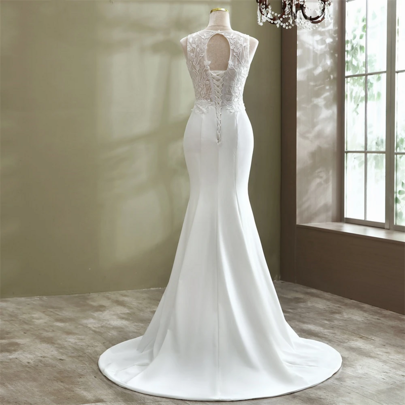 Elegante vestido de noiva sereia branca, sem mangas Applique Lace, andar de comprimento, vestido nupcial Halter