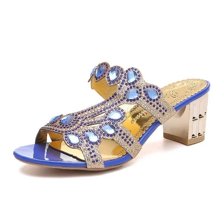 Zapatillas con diamantes De imitación para Mujer, zapatos De tacón grueso, informales, a la moda, para playa, 2022