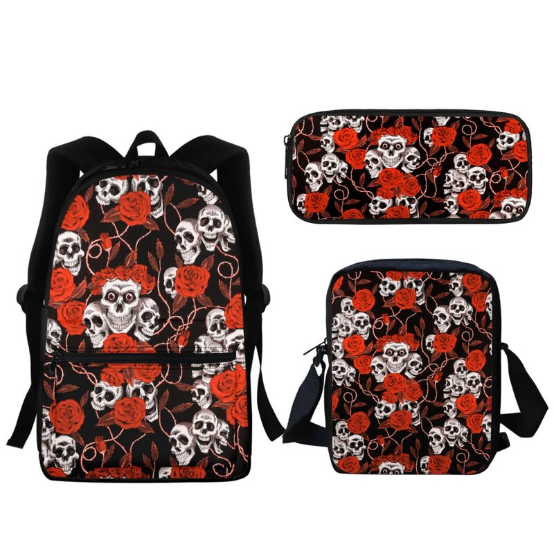 Sac d'école Horror Skull Rose Design, sac à dos de grande capacité avec fermeture éclair, sac à livres pour filles et garçons, sac de messager pour la maternelle, marque