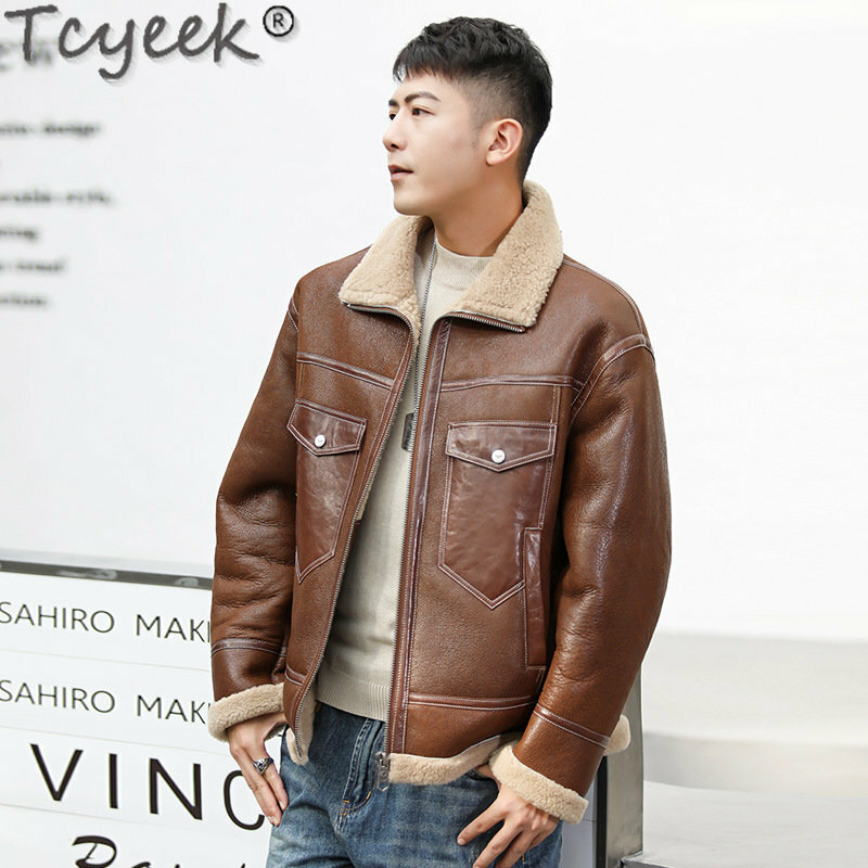 Высококачественные мужские кожаные куртки Tcyeek, средняя длина, куртка из натурального меха, Мужская одежда, зимняя утепленная искусственная кожа