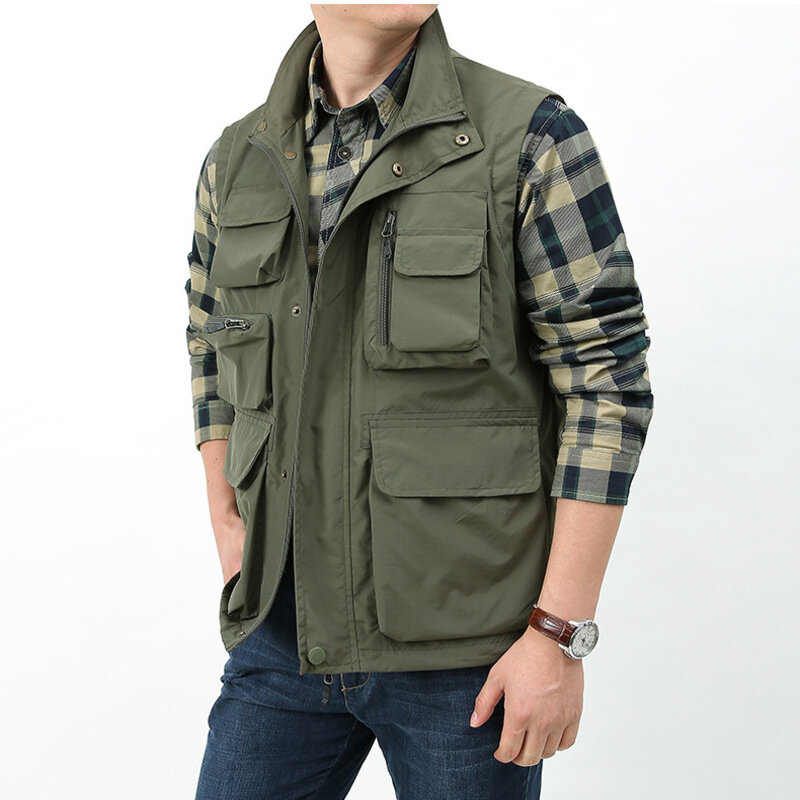 Spring Denim Vest Sleeveless Jacket Summer Mesh Men Men's Clothing MAN Multi-pocket Work Pockets Tactical Military Fishing Coat