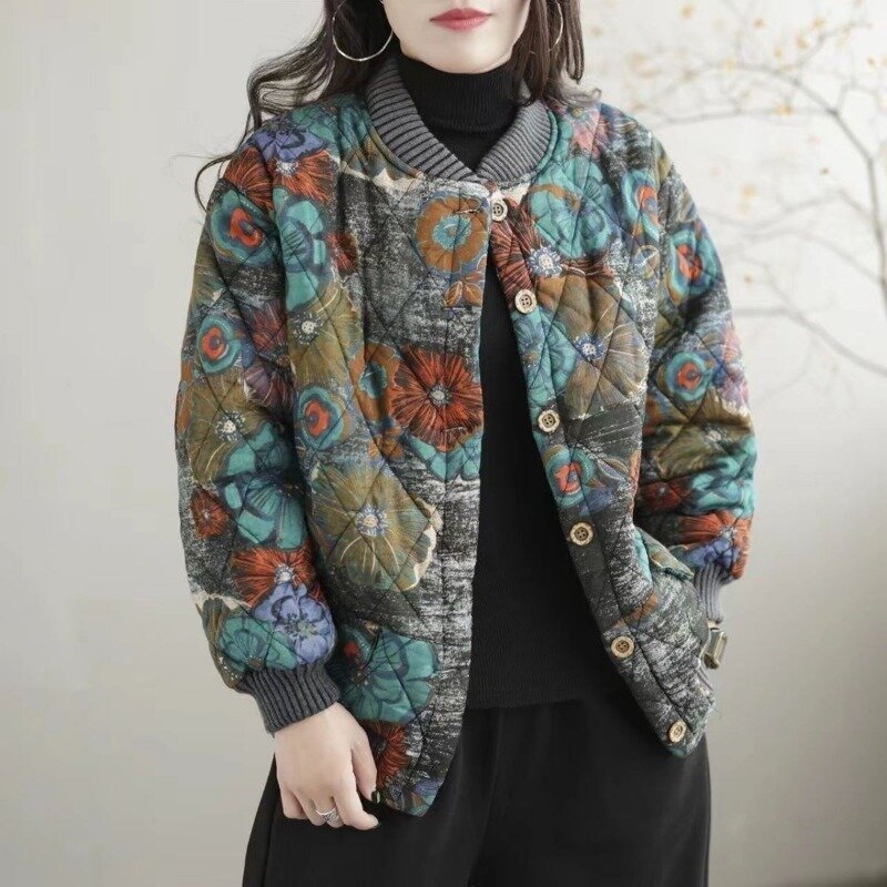 Print Cotton Coat Women Autumn Winter Jacket Warm Long Sleeve Single-breasted Parka Korean Loose Stand Collar Cotton-padded Coat