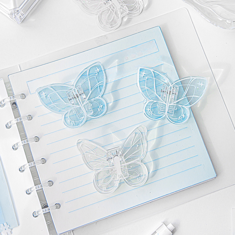 Clip de papel de mariposa acrílico transparente, soporte para notas, boletos, abrazadera, organizador, decoración de lápices, suministros escolares de oficina