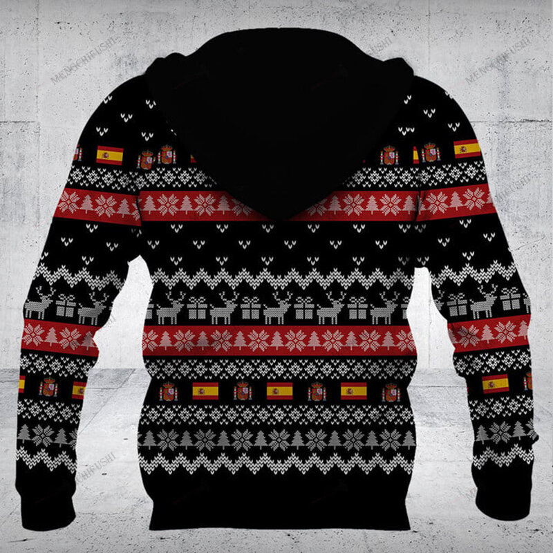 Custom Name Spain Emblem Christmas Zipper Hoodies Unisex Oversize Sweatshirts Winter Casual Streetwear Tops Pullover