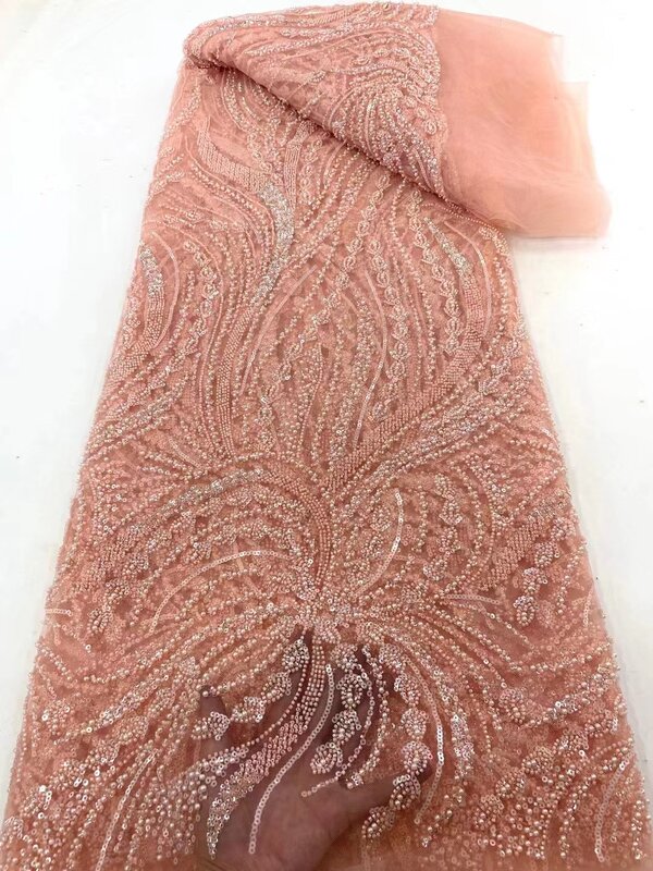 Tessuto di pizzo di Tulle di lusso con paillettes e perline a tubo ricamo tessuto di pizzo africano francese 2024 di alta qualità per abito da sposa