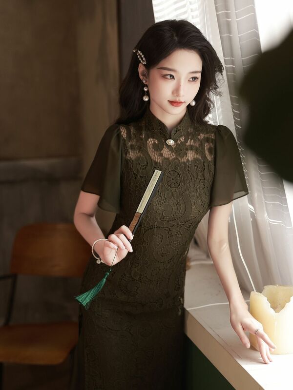Qipao de encaje negro mejorado tradicional chino para mujer, Cheongsam de manga corta Vintage de verano