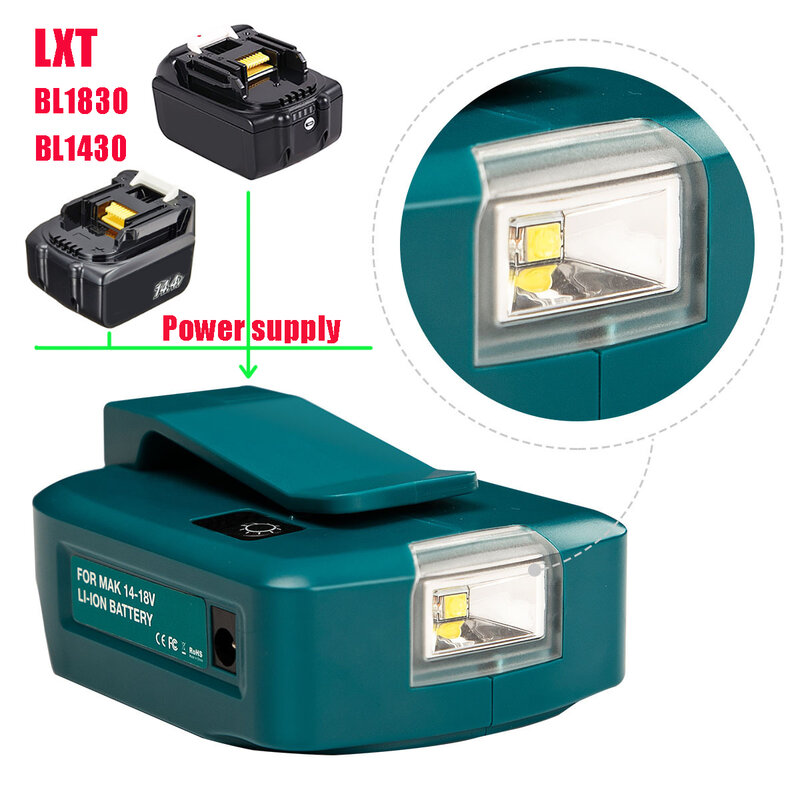 Adaptador de luz LED para lámpara de trabajo, cargador USB para teléfono móvil, salida de cc de 12V, uso para batería de iones de litio Makita de 14,4 V y 18V, BL1430, BL1830