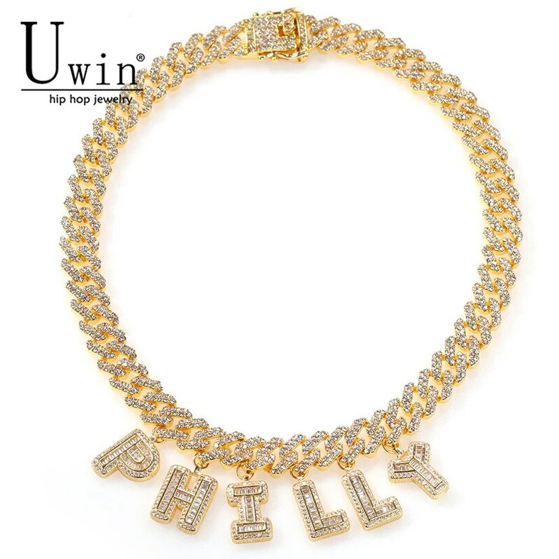 Uwin Custom Name S-Link Miami Cuban Link 12mm Letter Necklace Chain Full Bling Punk Collar Bling Bling Glamour Hiphop Jewelry