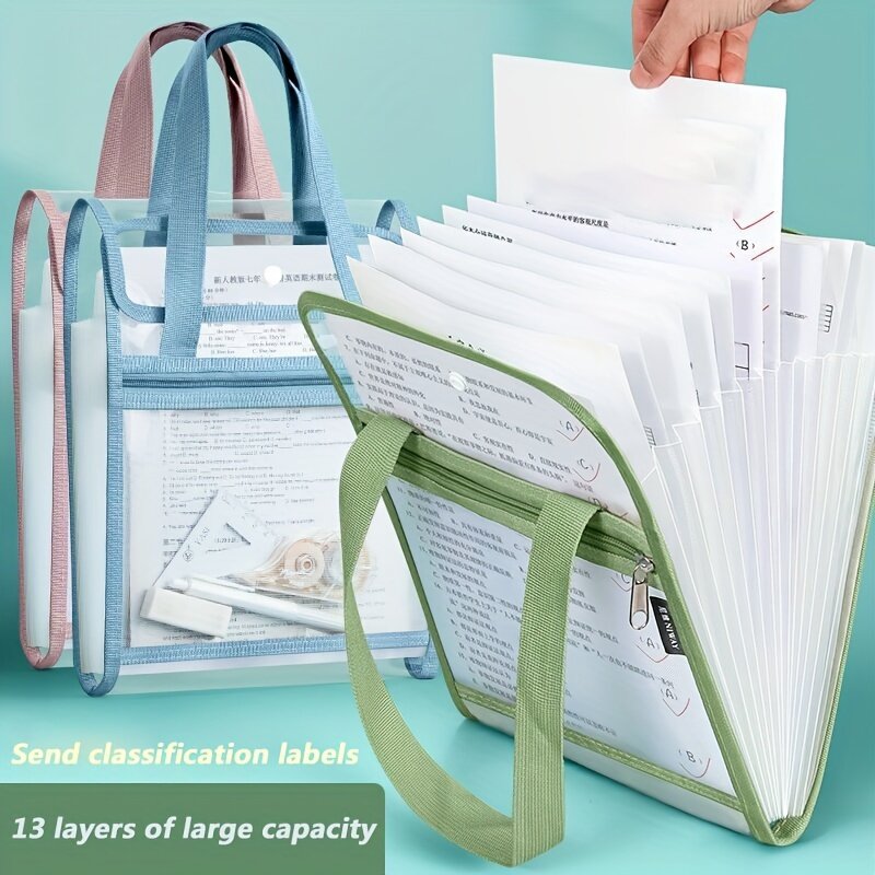 13 Layer Folder Paper Storage Bag Portable Organ Bag A4 Large Capacity Paper Organizing Tool Data Bag Handle for School Office